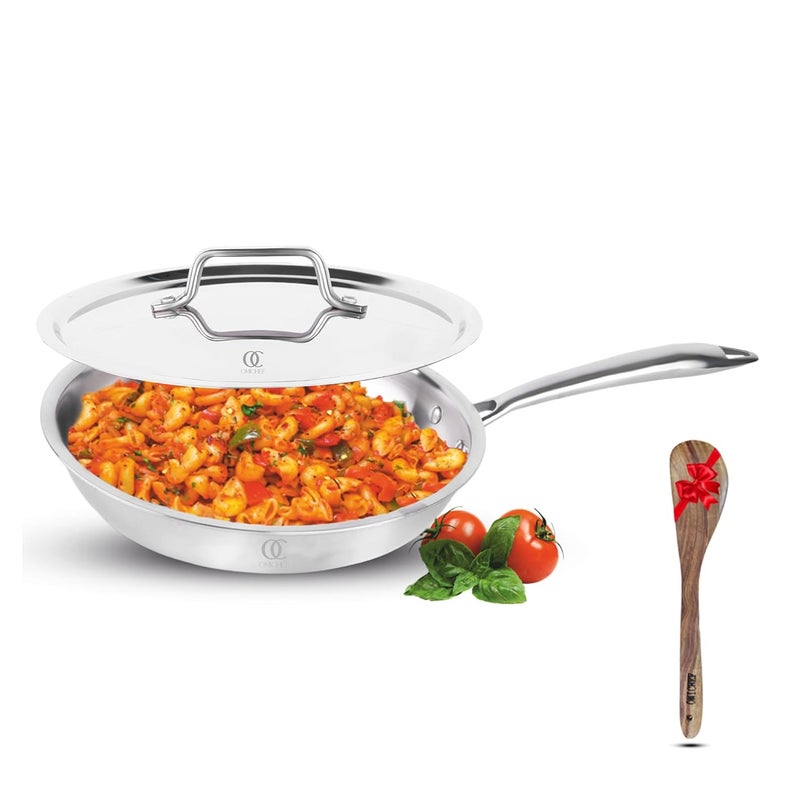Omichef Primax 22CM 145 LTR Triply Stainless Steel Frypan with Lid Induction Compatible Triple Layer SAS Technology Stay Cool Handle Frypan with Lid 22CM - Image 1