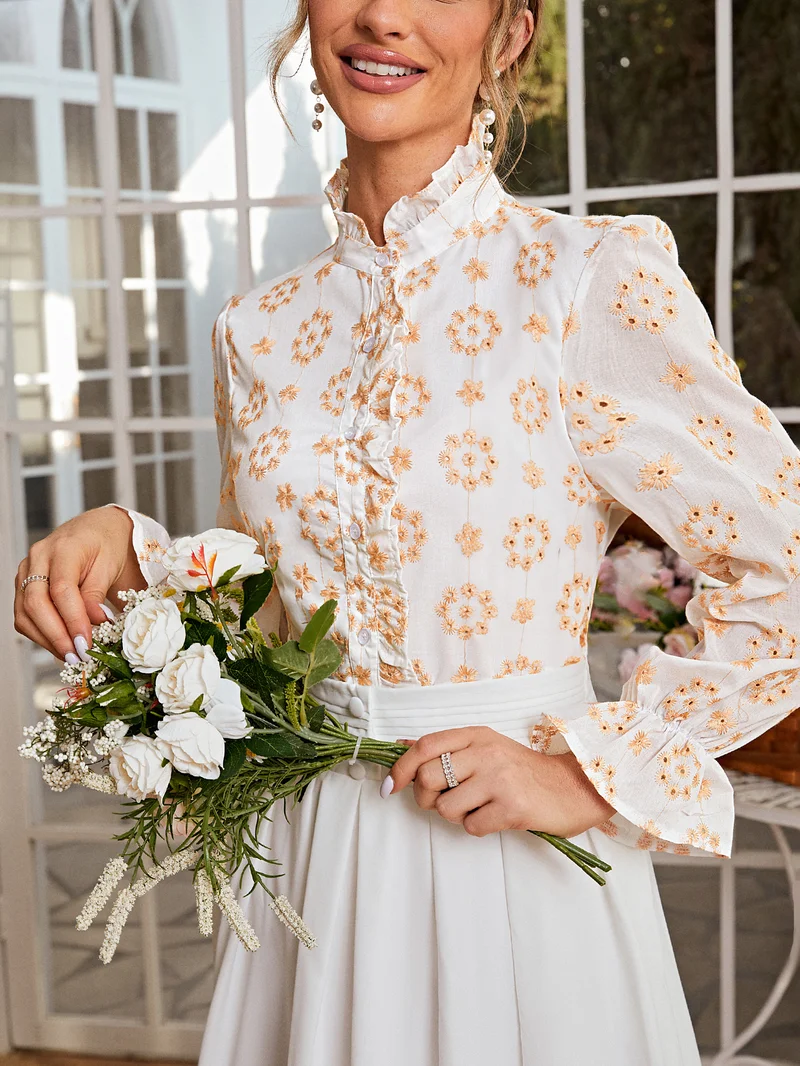 Simplee Blouse Stand Collar Balloon Sleeve Printed Floral Puff Ruffle White Yellow French Rustic Lemon Mustard