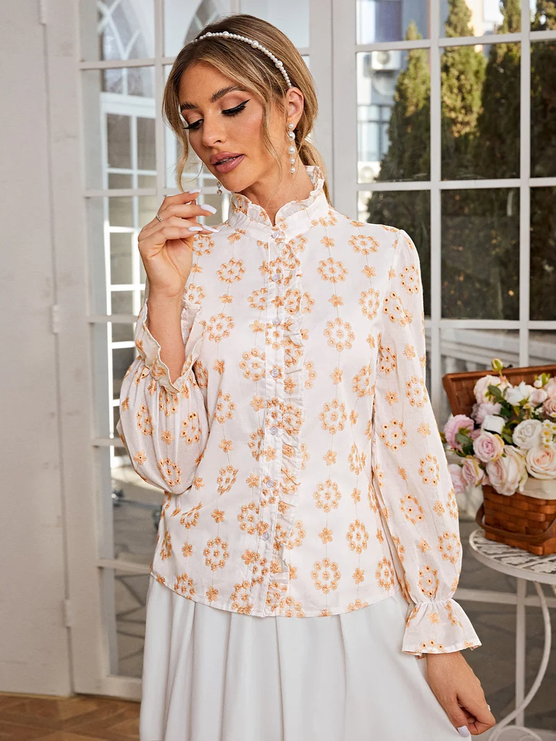 Simplee Blouse Stand Collar Balloon Sleeve Printed Floral Puff Ruffle White Yellow French Rustic Lemon Mustard