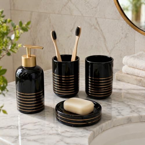 Whizzo® Luxury Bathroom Accessories Set Ceramic - Including 4 Piece Bathroom Accessories Set Soap Dispenser, Toothbrush Holder, Tumbler, Soap Dish (Black, WZ-BS-830-Black) - Image 3