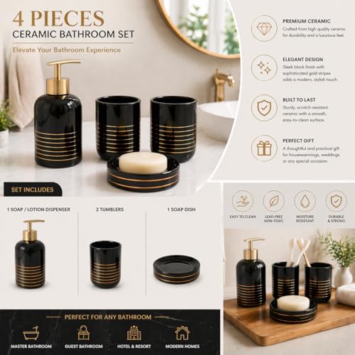 Whizzo® Luxury Bathroom Accessories Set Ceramic - Including 4 Piece Bathroom Accessories Set Soap Dispenser, Toothbrush Holder, Tumbler, Soap Dish (Black, WZ-BS-830-Black) - Image 2