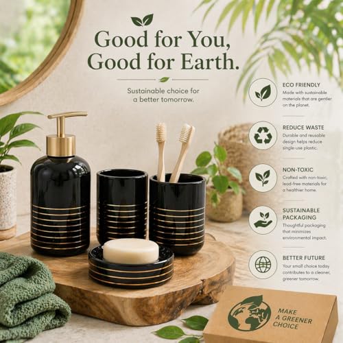 Whizzo® Luxury Bathroom Accessories Set Ceramic - Including 4 Piece Bathroom Accessories Set Soap Dispenser, Toothbrush Holder, Tumbler, Soap Dish (Black, WZ-BS-830-Black) - Image 5