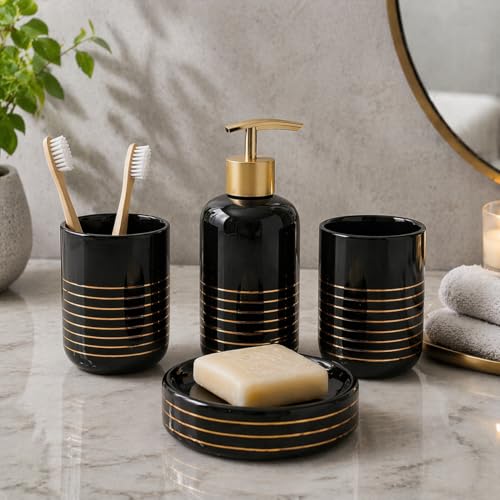 Whizzo® Luxury Bathroom Accessories Set Ceramic - Including 4 Piece Bathroom Accessories Set Soap Dispenser, Toothbrush Holder, Tumbler, Soap Dish (Black, WZ-BS-830-Black) - Image 1