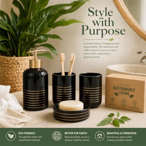 Whizzo® Luxury Bathroom Accessories Set Ceramic - Including 4 Piece Bathroom Accessories Set Soap Dispenser, Toothbrush Holder, Tumbler, Soap Dish (Black, WZ-BS-830-Black) - Image 4