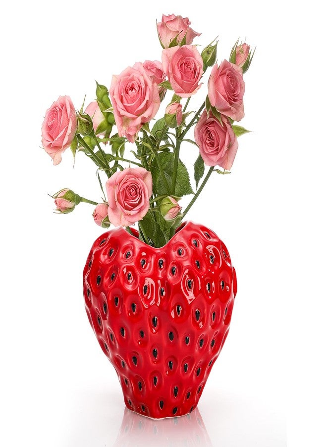 ديايو مزهرية فراولة حمراء من دي آي يو، مزهرية زهور سيراميك صغيرة، مزهرية فاكهة مزخرفة فريدة ولطيفة لتزيين حفلات الفراولة، المطبخ، المنزل، المكتب، قطعة مركزية، ديكور جمالي، وعاء زرع، حامل أقلام - Image 1