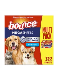 Bounce Pet Hair and Lint Guard Mega Dryer Sheets with 3X Pet Hair Fighters, Fresh Scent, 130 Count (Packaging May Vary)  - Image 1