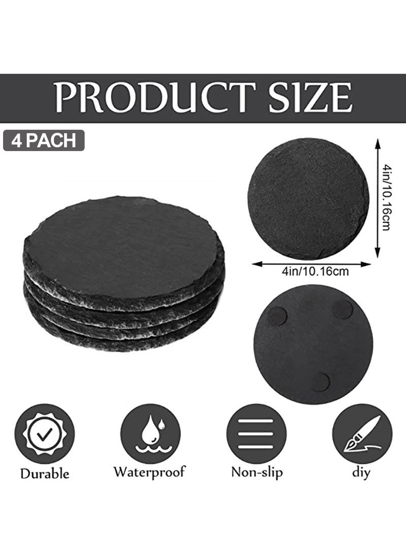 LOOPITYS Slate Coasters 4 Pieces,4 Inch Black Stone Coaster Set,Cup mat Rock slabs that can be used for drawing,for Home Office Kitchen Housewarming Gifts Wedding Party(Round) - Image 4