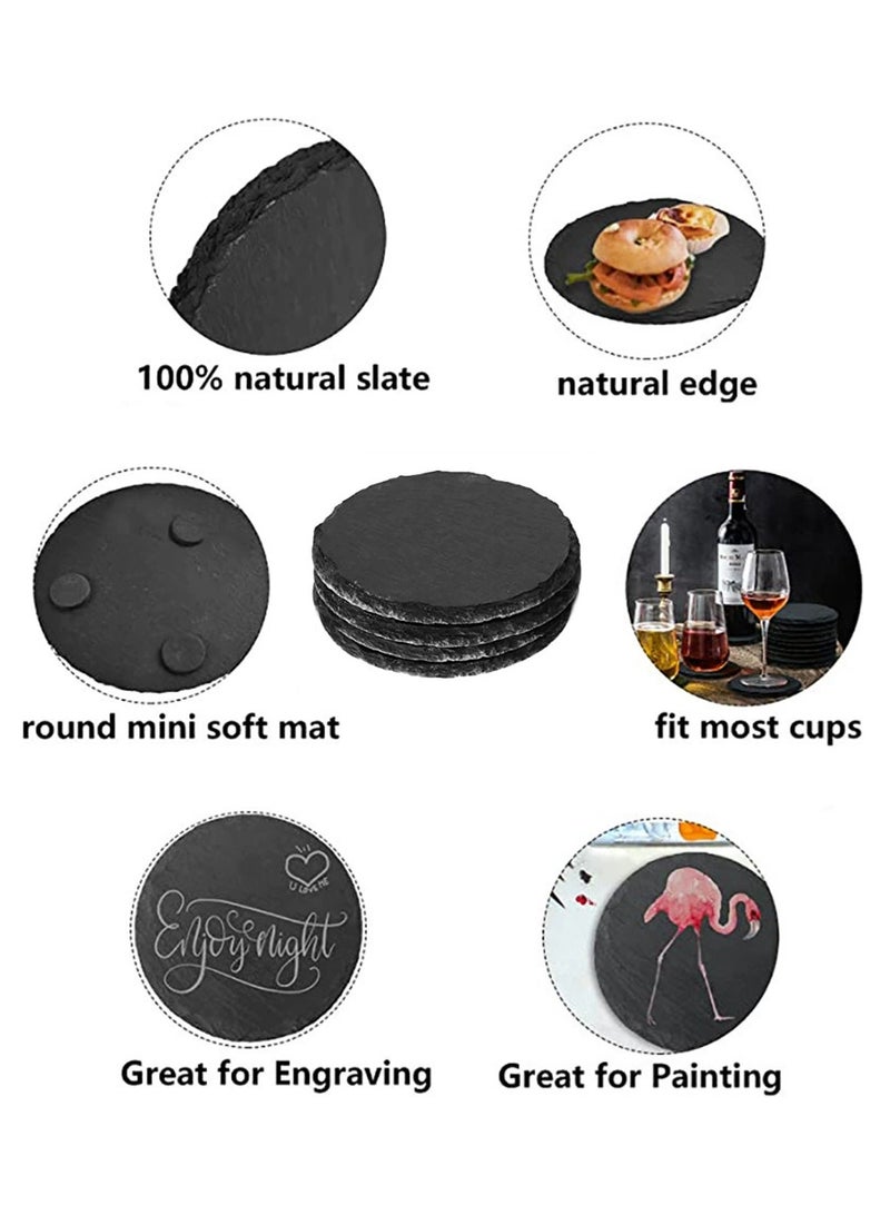 LOOPITYS Slate Coasters 4 Pieces,4 Inch Black Stone Coaster Set,Cup mat Rock slabs that can be used for drawing,for Home Office Kitchen Housewarming Gifts Wedding Party(Round) - Image 2