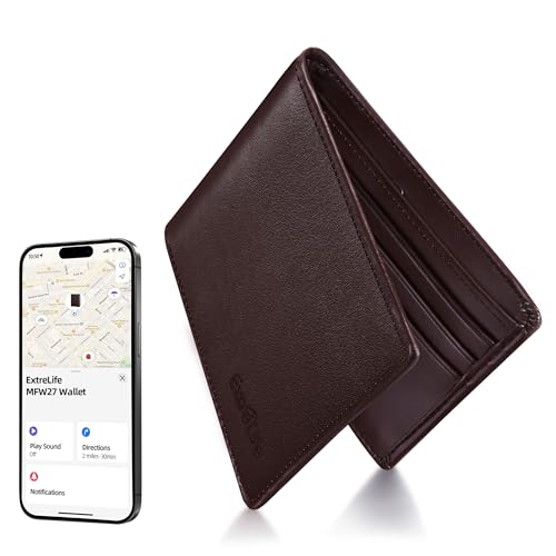 ExtreLife Wallet for Men Builtin Bluetooth Tracker with Apple Find My iOS Only Air Tag Wallet Leather RFID Blocking Bifold Mens Wallets with GPS Tracker Rechargeable Gift for Him Brown - Image 1