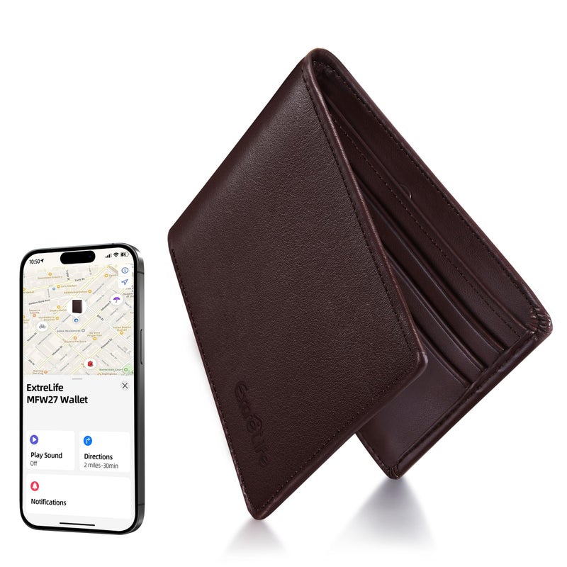 ExtreLife Wallet for Men Builtin Bluetooth Tracker with Apple Find My iOS Only Air Tag Wallet Leather RFID Blocking Bifold Mens Wallets with GPS Tracker Rechargeable Gift for Him Brown - Image 2