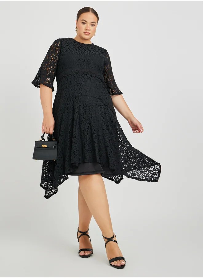ستايلي Plus Size Lace High Neck Asymmetric Hem A-Line Midi Dress