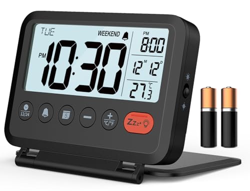 ساعة منبه رقمية للسفر من ميس ميك باللون الأسود 354 بوصة شاشة LCD 9 دقائق تأجيل 2 مستوى صوت إضاءة خلفية بطارية مشمولة