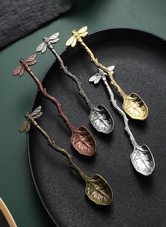 DPWOUM 1pc Antique Bronze Retro Dragonfly Spoon,Stainless Steel Tableware Creative Coffee Tea Sugar Scoop,Stir Bar Stirring Dessert Long Handle Spoon,Kitchen Gadget Flatware - Image 1