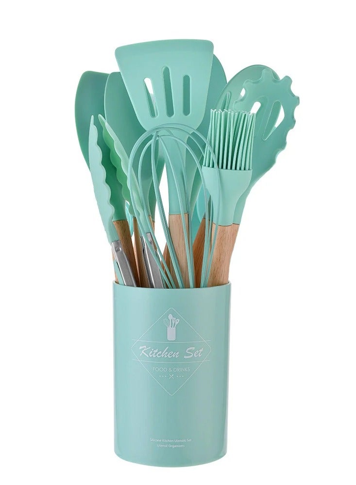 AROAQ Silicone Kitchen Utensils Set With Wooden Handle And Storage Bucket, Heat Resistant Silicone Kitchen Spatulas Set, Green 12pc  - Image 1