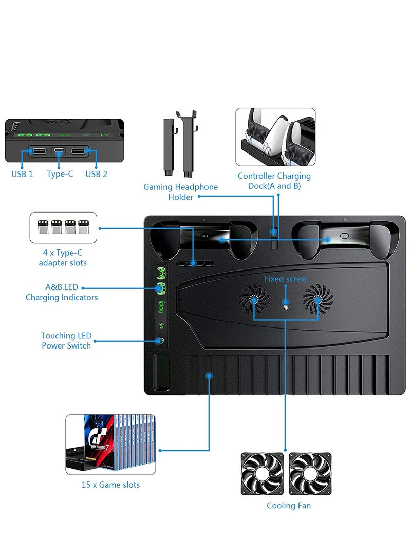 PS5 Stand and Cooling Station for PS5 Games, Vertical Cooling Fan Stand with Charging Dock for PS5 with 15 Games Storage - Image 5