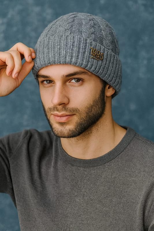 Krystle Winter Woolen Hat for Men – Warm Cable Knit Watch Cap, Soft Stretch Fit (Free Size,Grey) - Image 3