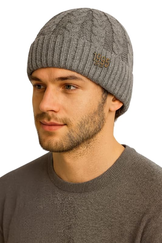 Krystle Winter Woolen Hat for Men – Warm Cable Knit Watch Cap, Soft Stretch Fit (Free Size,Grey) - Image 1