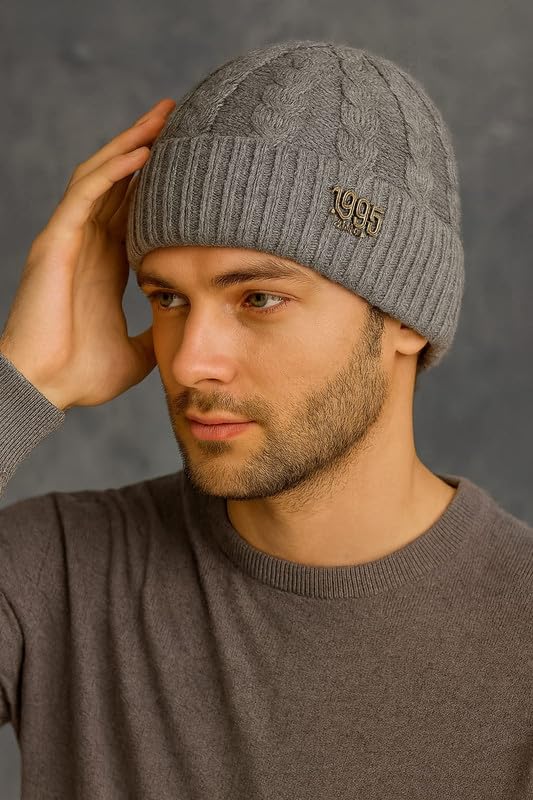 Krystle Winter Woolen Hat for Men – Warm Cable Knit Watch Cap, Soft Stretch Fit (Free Size,Grey) - Image 2