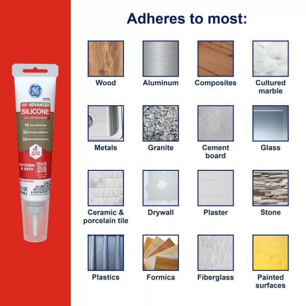 GE Advanced Silicone Caulk for Kitchen & Bathroom, Clear, 2.8 fl oz Tube, 1 Pack - 100% Waterproof Silicone Sealant, 5X Stronger Adhesion, Shrink & Crack Proof - Image 5