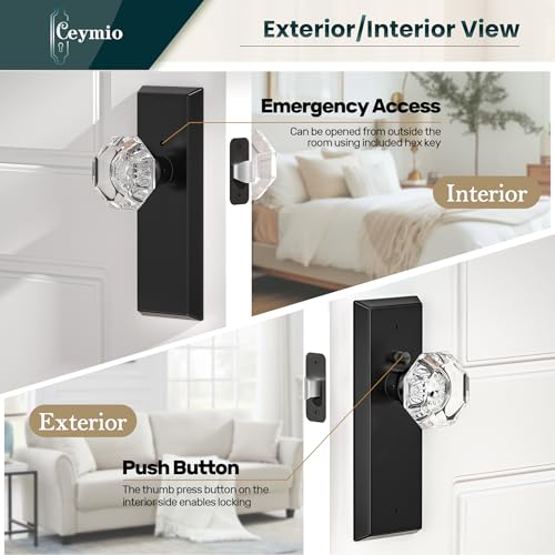 CEYMIO Glass Door Knobs for Interior Doors Vintage Crystal Privacy Bedroom Bathroom Door Knob with Lock Diamond Cut Door Handle Matte Black Finish 1 Pack 7 Inch Height - Image 3