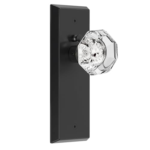 CEYMIO Glass Door Knobs for Interior Doors Vintage Crystal Privacy Bedroom Bathroom Door Knob with Lock Diamond Cut Door Handle Matte Black Finish 1 Pack 7 Inch Height - Image 1