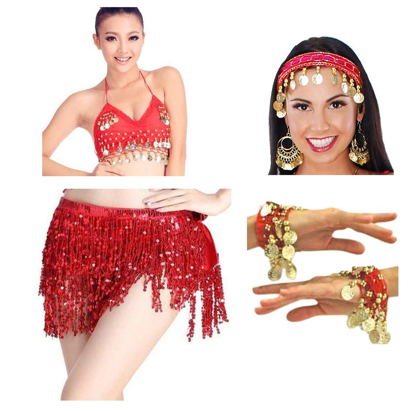 Vritraz Women's Chiffon Belly Dance Hip Scarf Waistband Belt Skirt with Ringy Golden Coins (Pack of 4) - Image 1