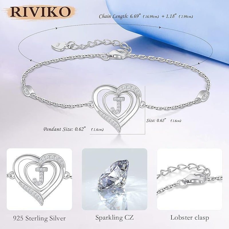 RIVIKO Heart Initial Bracelets for Women, 925 Sterling Silver Dainty Letter Bracelets , Personalized Initial Charm Alphabet Jewelry Valentines Christmas Anniversary Mother’s Day Birthday Graduation - Image 5