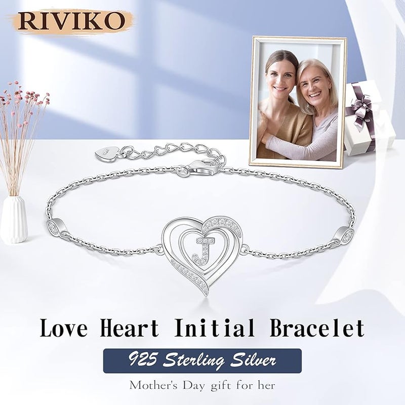 RIVIKO Heart Initial Bracelets for Women, 925 Sterling Silver Dainty Letter Bracelets , Personalized Initial Charm Alphabet Jewelry Valentines Christmas Anniversary Mother’s Day Birthday Graduation - Image 2