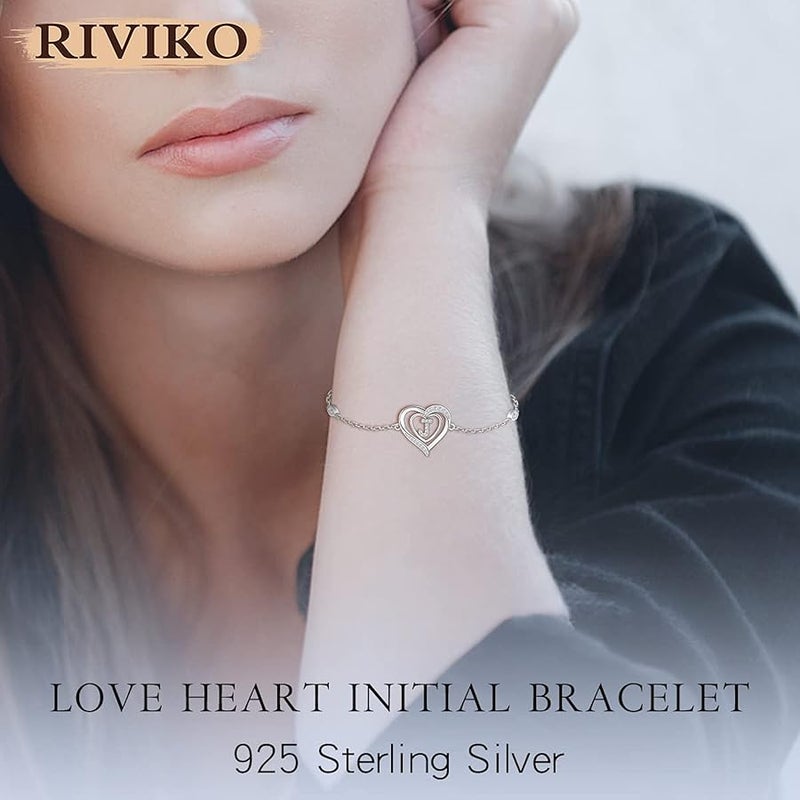 RIVIKO Heart Initial Bracelets for Women, 925 Sterling Silver Dainty Letter Bracelets , Personalized Initial Charm Alphabet Jewelry Valentines Christmas Anniversary Mother’s Day Birthday Graduation - Image 4