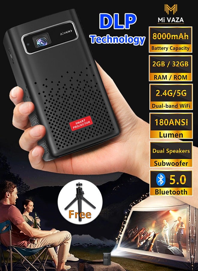DLP Wireless Portable Projector - Built-in 8000mAh Battery - Support 120 Inches - HD Projection - Support 4K - Mini Home Theater - Portable Mobile Cinema - Compatible with HDMI/TV BOX/PS5/Laptop/Game Console