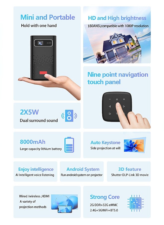 Mi VAZA - DLP Wireless Portable Projector - Built-in 8000mAh Battery - Support 120 Inches - HD Projection - Support 4K - Mini Home Theater - Portable Mobile Cinema - Compatible with HDMI/TV BOX/PS5/Laptop/Game Console - Image 1