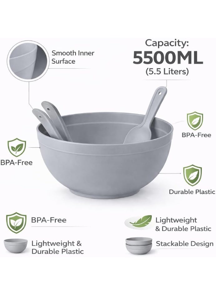 دنيا بلاستيك وعاء خلط سلطة كبير 5.5 لتر بلاستيك خالي من BPA مع ملعقة وشوكة تقديم 27 سم وعاء فواكه ومكرونة للمطبخ (لون رمادي) - Image 4