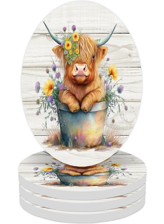 Whaline 4Pcs Highland Cow Ceramic Coasters Watercolor Cow Flower Bucket Drink Coaster Rustic Farm Animal Theme Heat-Resistant Cup Mats for Birthday Baby Shower Tabletop Decor - Image 1