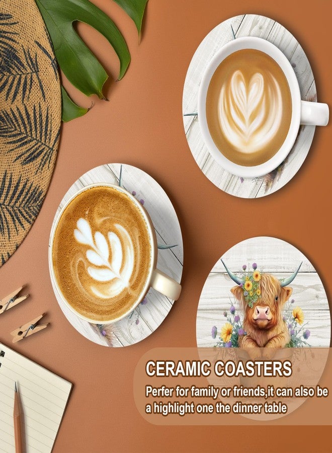 Whaline 4Pcs Highland Cow Ceramic Coasters Watercolor Cow Flower Bucket Drink Coaster Rustic Farm Animal Theme Heat-Resistant Cup Mats for Birthday Baby Shower Tabletop Decor - Image 4