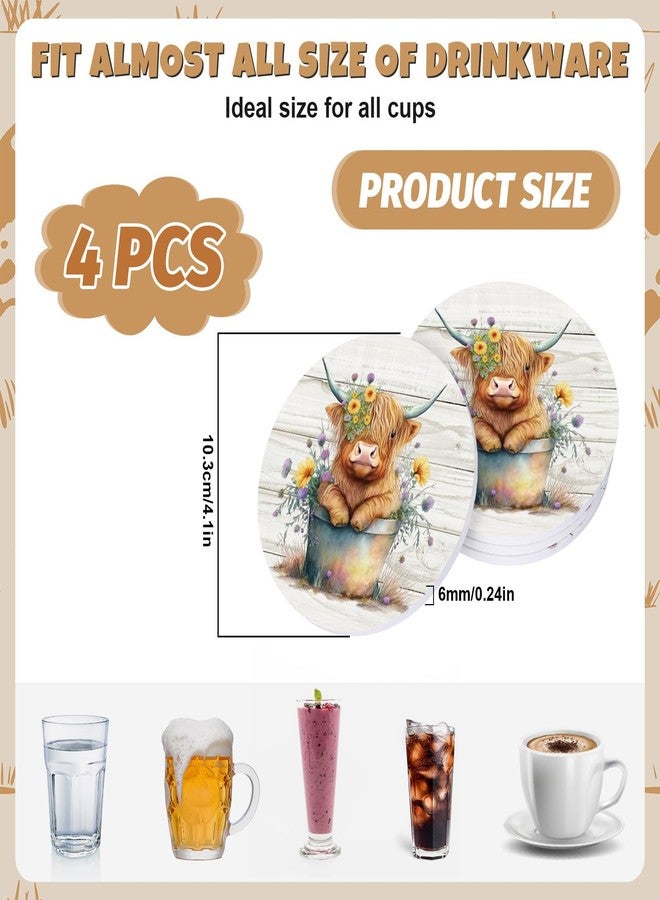 Whaline 4Pcs Highland Cow Ceramic Coasters Watercolor Cow Flower Bucket Drink Coaster Rustic Farm Animal Theme Heat-Resistant Cup Mats for Birthday Baby Shower Tabletop Decor - Image 2