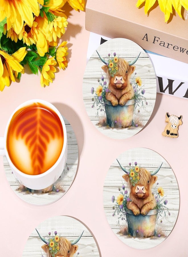 Whaline 4Pcs Highland Cow Ceramic Coasters Watercolor Cow Flower Bucket Drink Coaster Rustic Farm Animal Theme Heat-Resistant Cup Mats for Birthday Baby Shower Tabletop Decor - Image 3