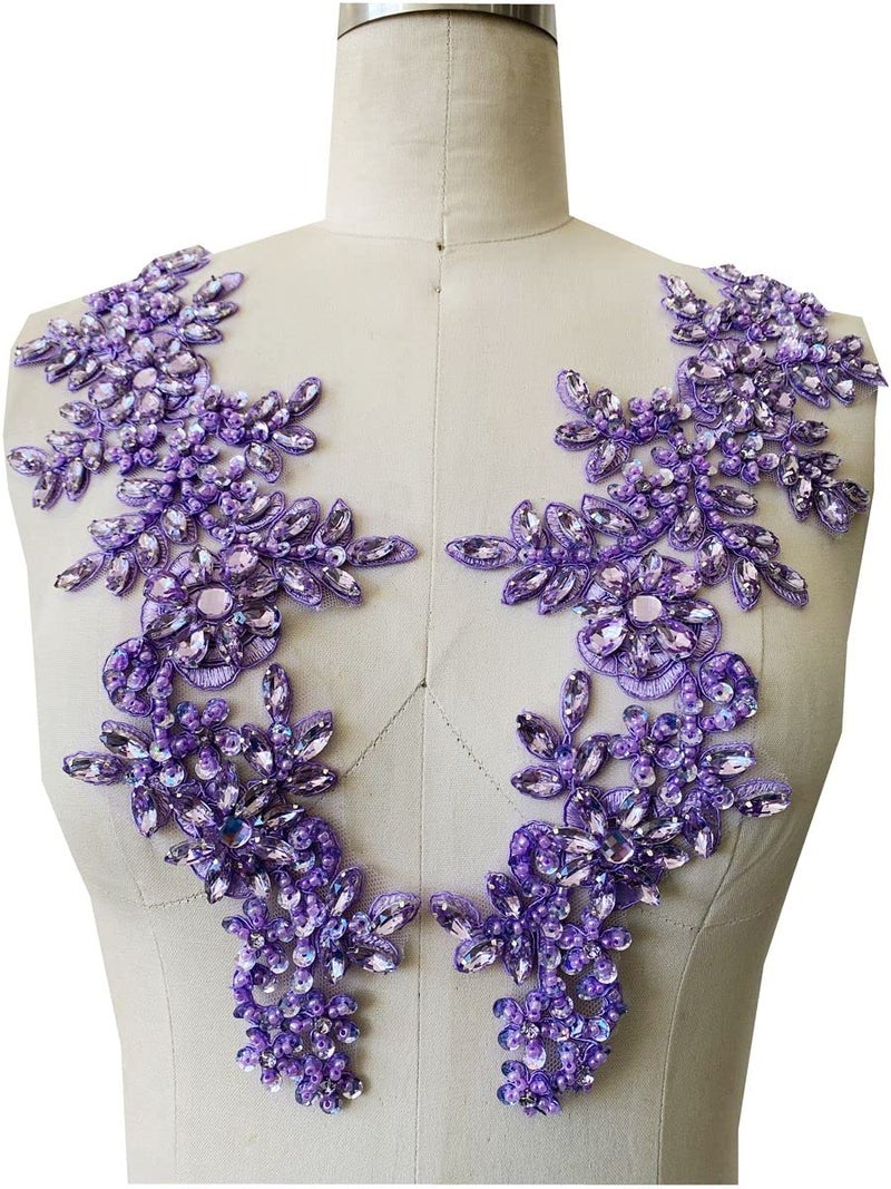 Zbroh Zbroh Handmade redWhiteGreenBlue Rhinestones Applique Sewing Beads Stones Trim lace Patches Accessory for Dress Clothes one Pair Light Purple 