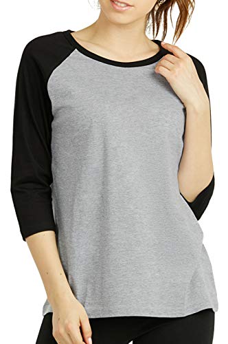 Cottonbell Women's Baseball Quarter Sleeve Tee Shirt (L, Light Heather/Black) - Image 3