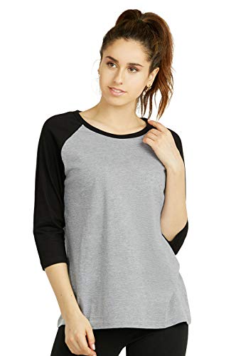 Cottonbell Women's Baseball Quarter Sleeve Tee Shirt (L, Light Heather/Black) - Image 1