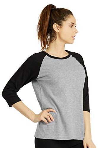 Cottonbell Women's Baseball Quarter Sleeve Tee Shirt (L, Light Heather/Black) - Image 2