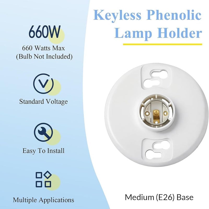 E26 Screw-Type Keyless Top-Mount Lampholder, White Phenolic Ceiling Lamp Holder - Image 2