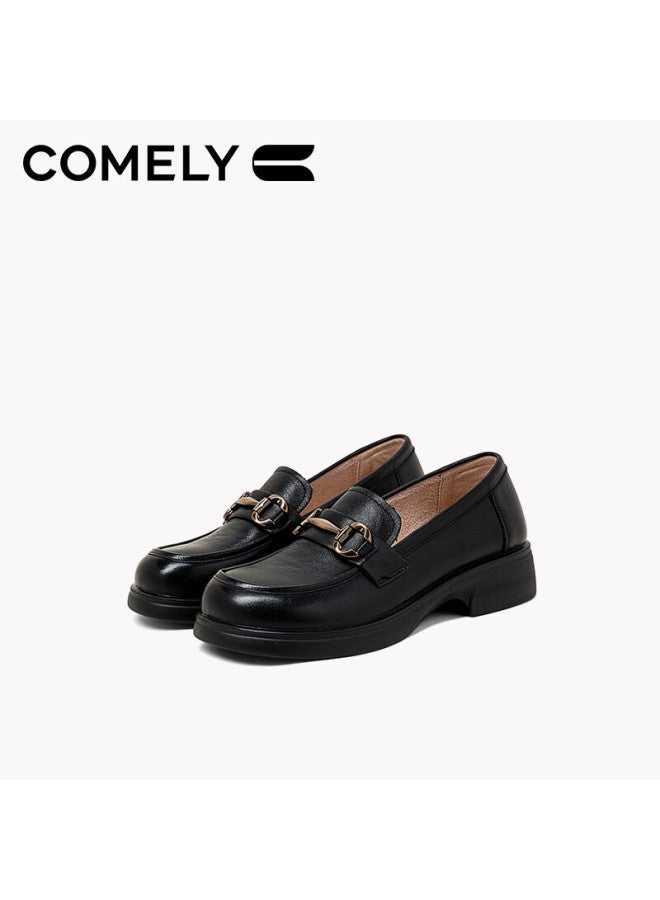 Comely Women's Loafers, Spring Cowhide, Academic Style, Metal Buckle, Round Toe, Fashionable Versatile Jk Leather Shoes, Black, Size 36 - Image 1