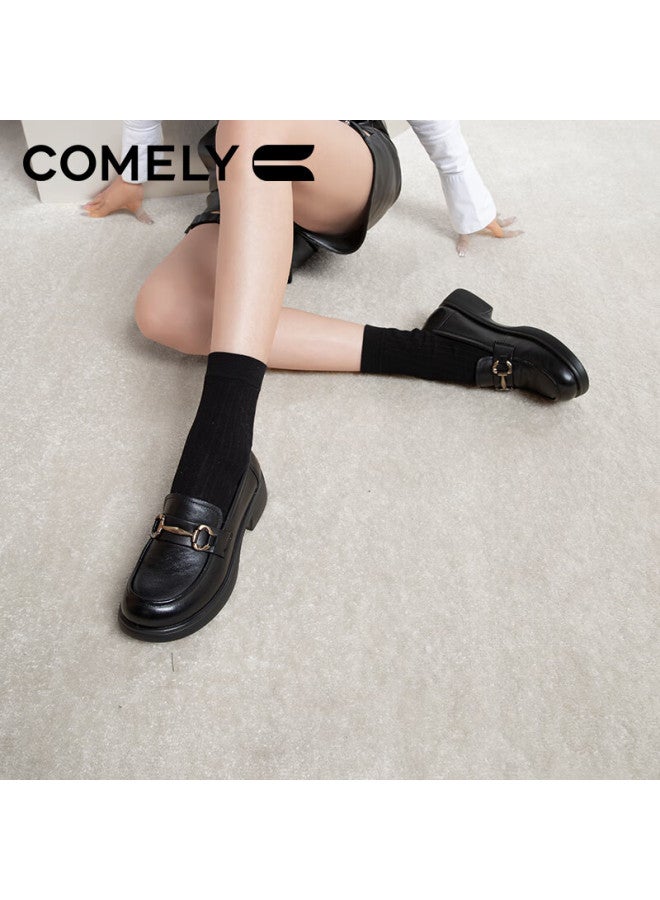 Comely Women's Loafers, Spring Cowhide, Academic Style, Metal Buckle, Round Toe, Fashionable Versatile Jk Leather Shoes, Black, Size 36 - Image 4