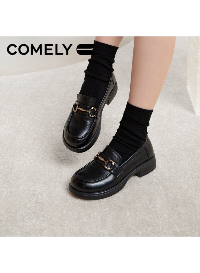 Comely Women's Loafers, Spring Cowhide, Academic Style, Metal Buckle, Round Toe, Fashionable Versatile Jk Leather Shoes, Black, Size 36 - Image 2