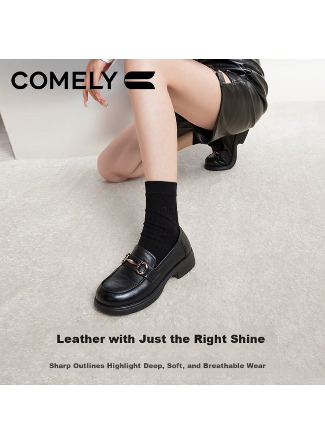 Comely Women's Loafers, Spring Cowhide, Academic Style, Metal Buckle, Round Toe, Fashionable Versatile Jk Leather Shoes, Black, Size 36 - Image 3