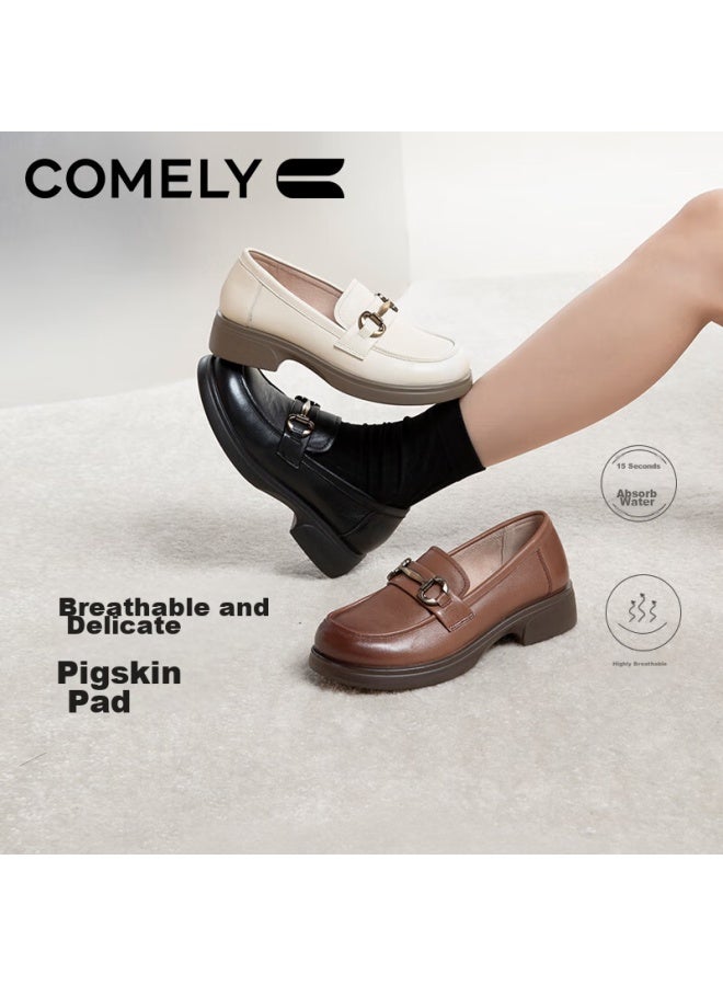 Comely Women's Loafers, Spring Cowhide, Academic Style, Metal Buckle, Round Toe, Fashionable Versatile Jk Leather Shoes, Black, Size 36 - Image 5
