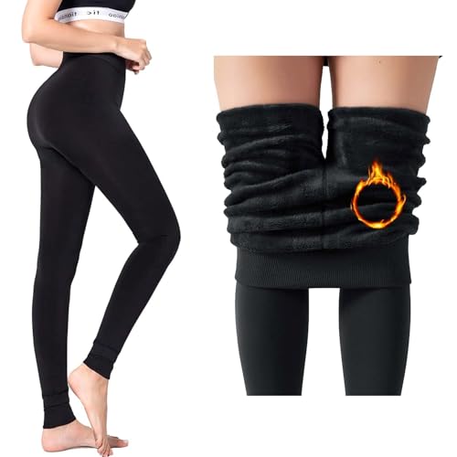 HSR Polyester Casual Style Winter Warm Thermal Fleece Lined Thick Tights Women Slim Fit Leggings Pants Waist Size : 26 to 34 Inch Stretchable (Footed-Cream),Black | Rise Style: High Rise - Image 1