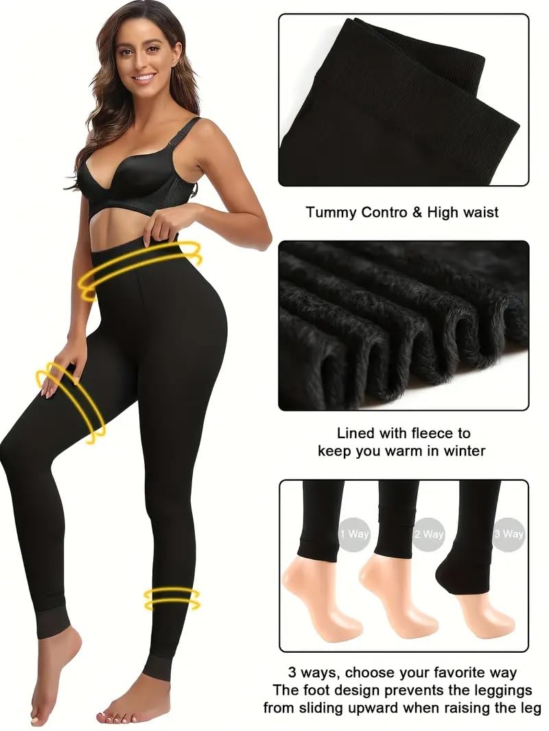 HSR Polyester Casual Style Winter Warm Thermal Fleece Lined Thick Tights Women Slim Fit Leggings Pants Waist Size : 26 to 34 Inch Stretchable (Footed-Cream),Black | Rise Style: High Rise - Image 2