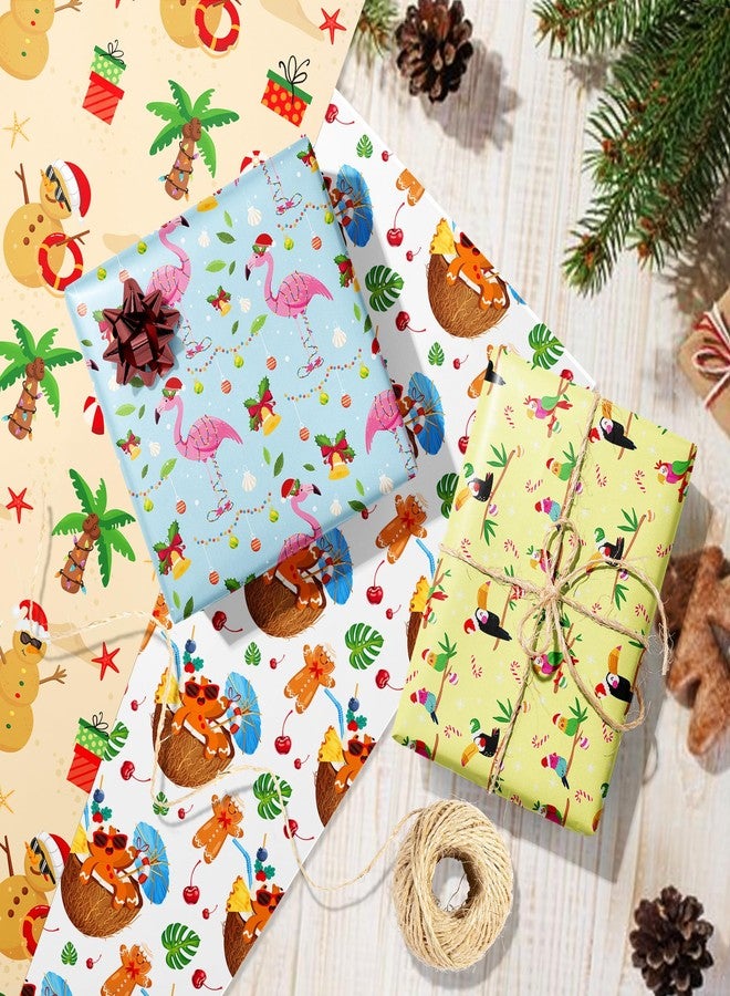 HOWAF 12 Sheets Summer Christmas Wrapping Paper, Tropical Christmas July Gift Wrapping Paper, Beach Santa Party Favors Gift Decor Hawaiian Flamingo Wrap Papers with Palm Tree Snowman - Image 5