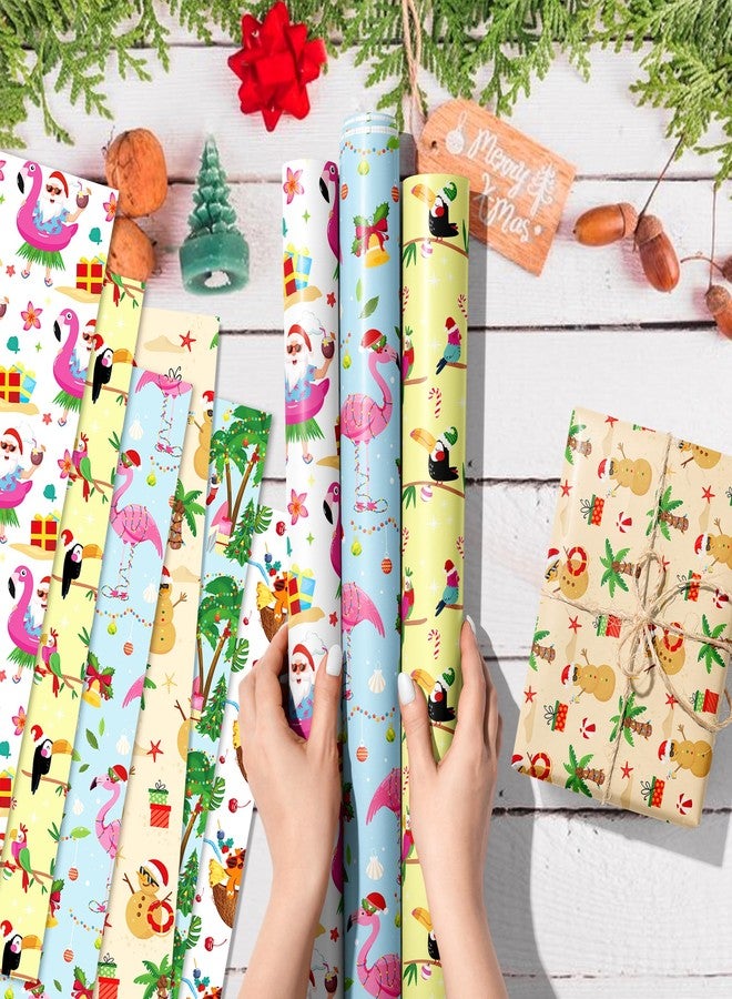 HOWAF 12 Sheets Summer Christmas Wrapping Paper, Tropical Christmas July Gift Wrapping Paper, Beach Santa Party Favors Gift Decor Hawaiian Flamingo Wrap Papers with Palm Tree Snowman - Image 4